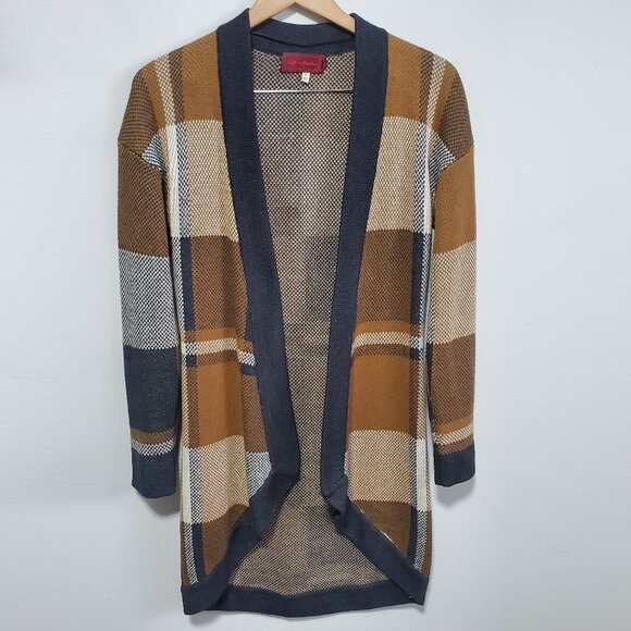 LEFT ON HOUSTON Plaid Wool Blend Long Cardigan Open Front Academia Womens Medium - Picture 1 of 12